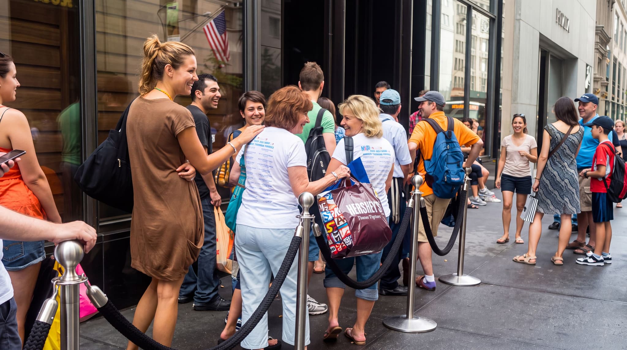 Traditional post and rope stanchions guide the checkout line inside the Abercrombie store in New York.
