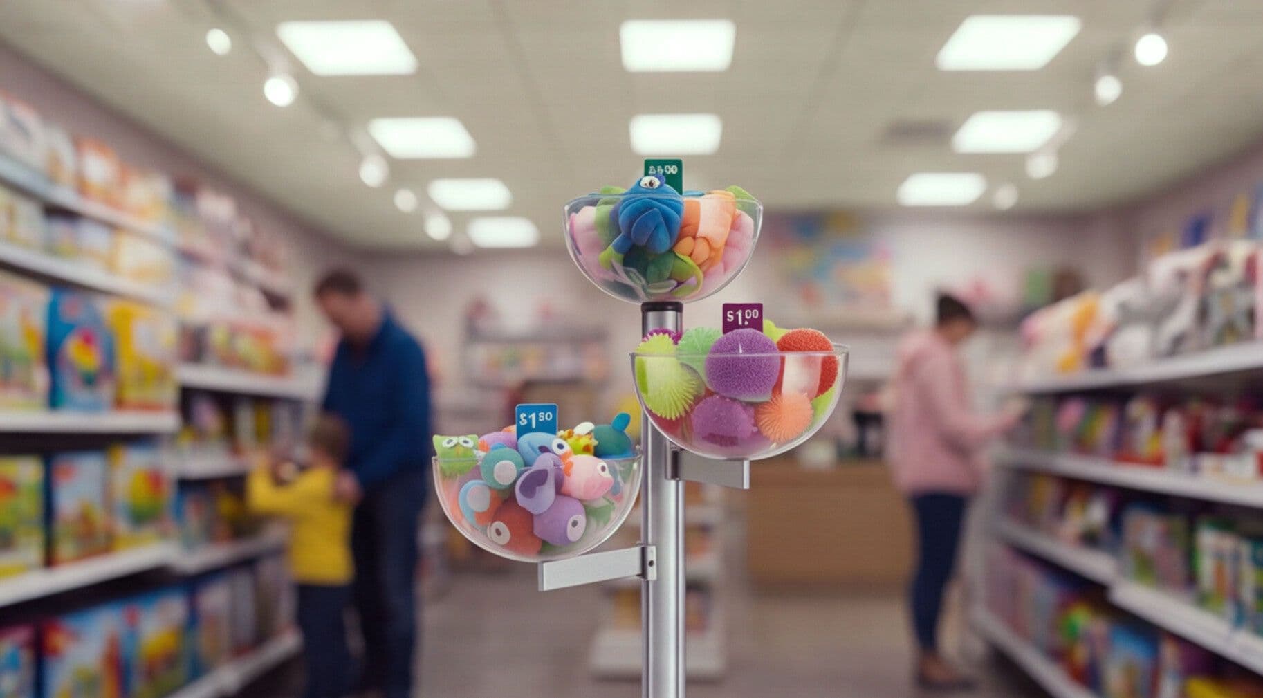Cascading merchandising bowl fixture in a toy store