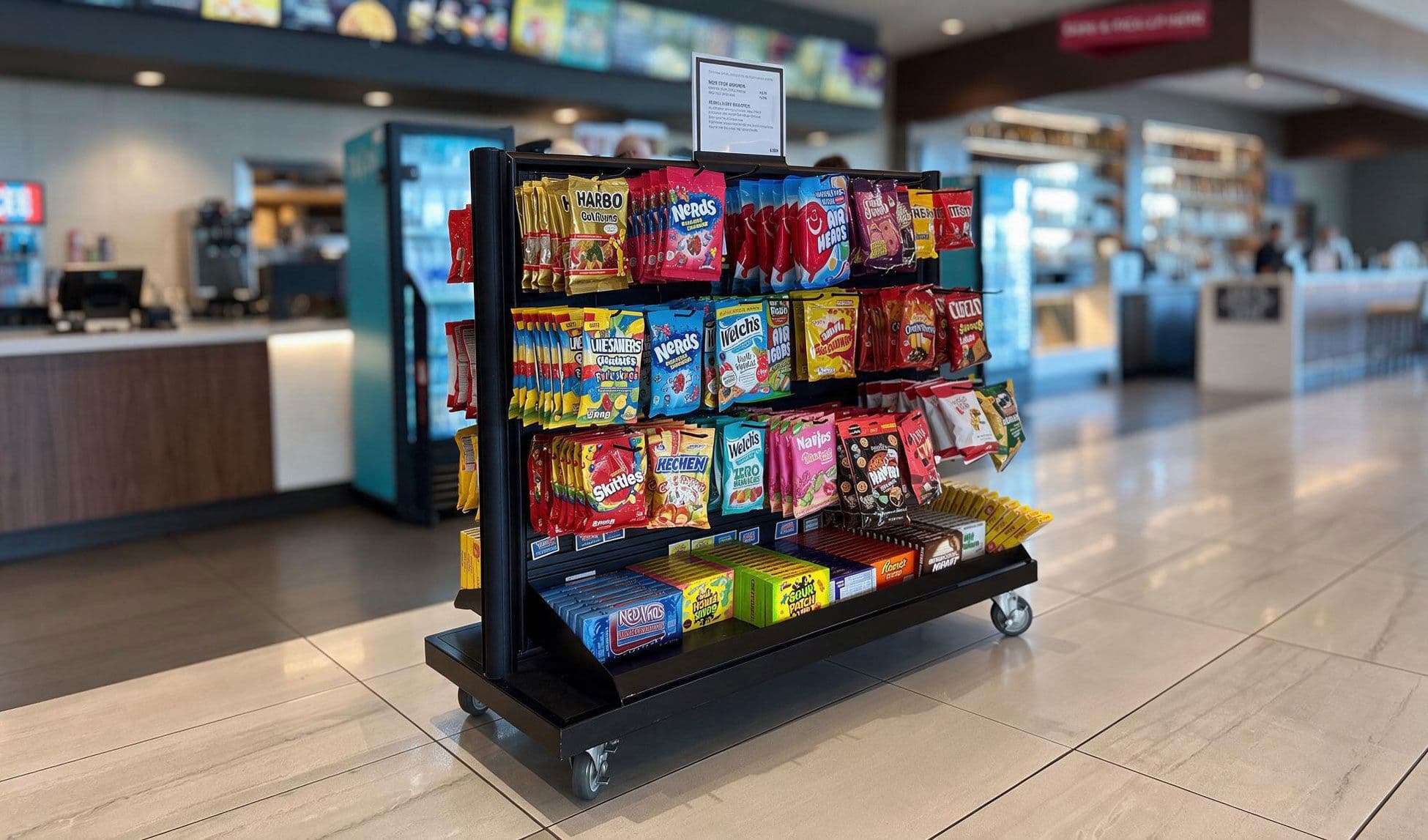 A NeXtrac mobile gondola displays candy beside the concession stand at an AMC Theatre.