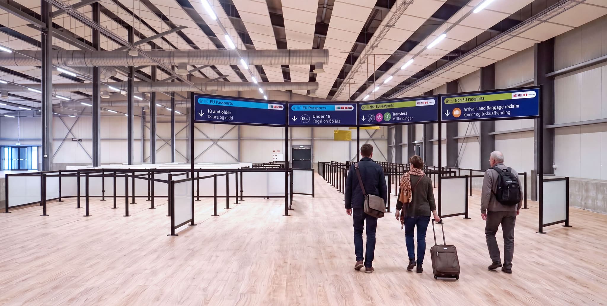 Airport security queue management stanchions and wayfinding signage