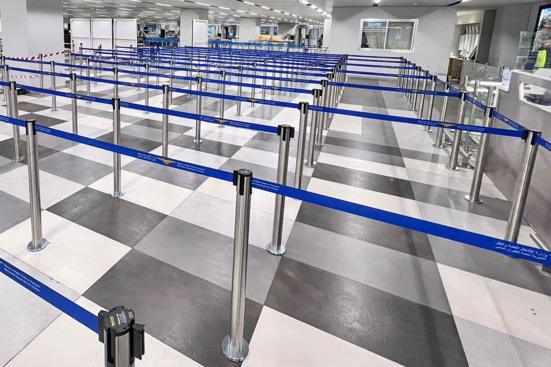 Beltrac retractable belt stanchions form the security queue at Beirut International Airport.