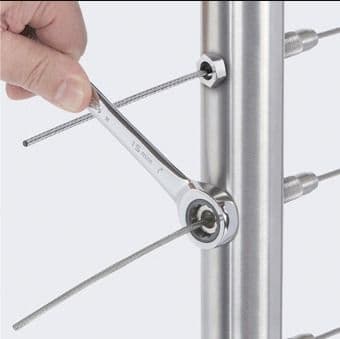 C.A.T. cable railing installation step 3, tension the cable from either end with a wrench