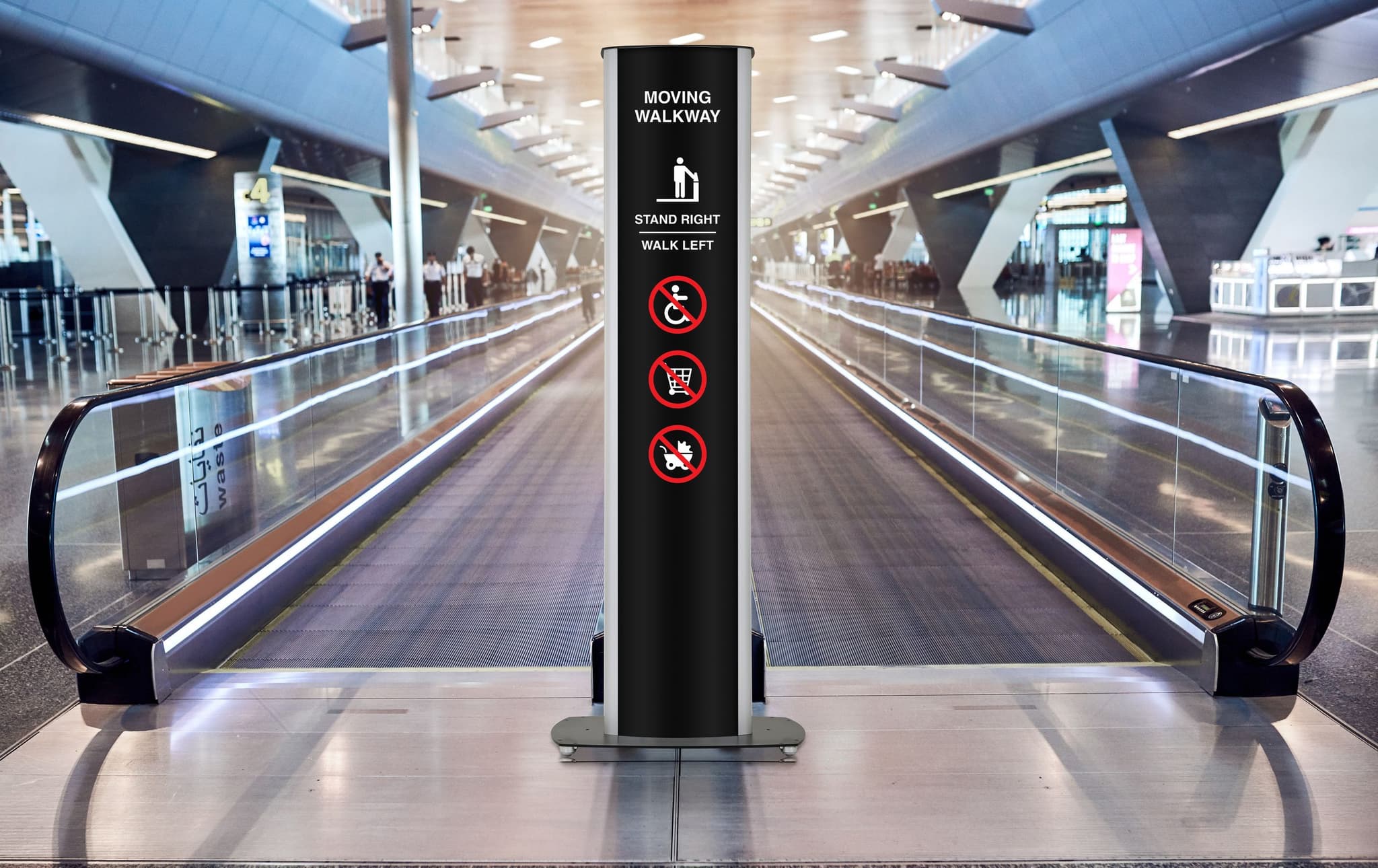 Edge Tower Sign Stand in front of airport moving walkway