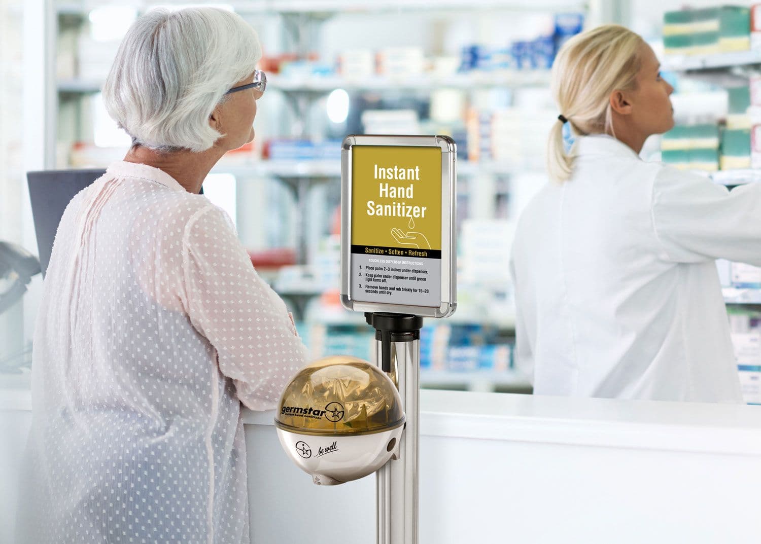 Hand sanitizer system in a retail pharmacy