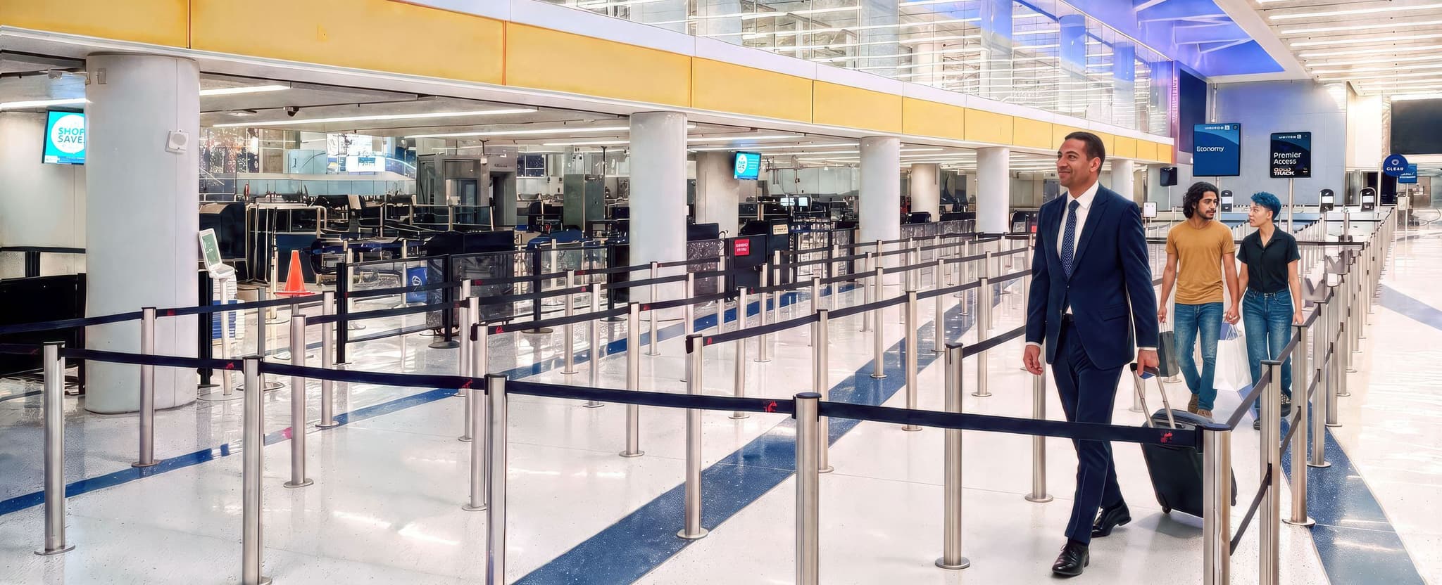LAX security queue with Beltrac magnetic stanchions