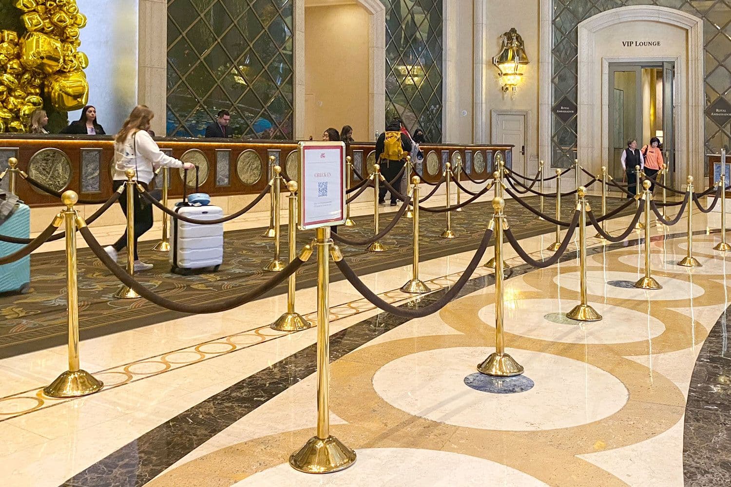 Traditional post and rope stanchions organize the check-in queue at The Palazzo hotel in Las Vegas.