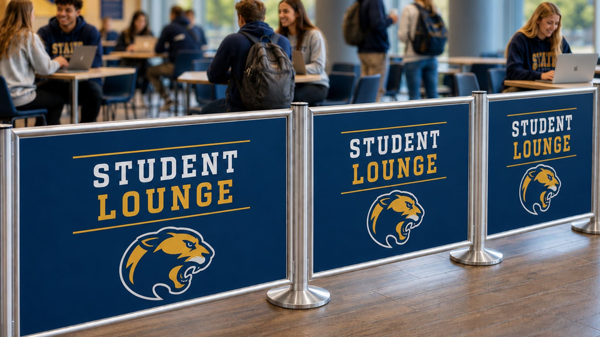 post and panel barriers student lounge