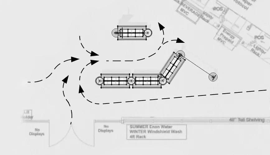Top view of queue design rendering of a c-store checkout