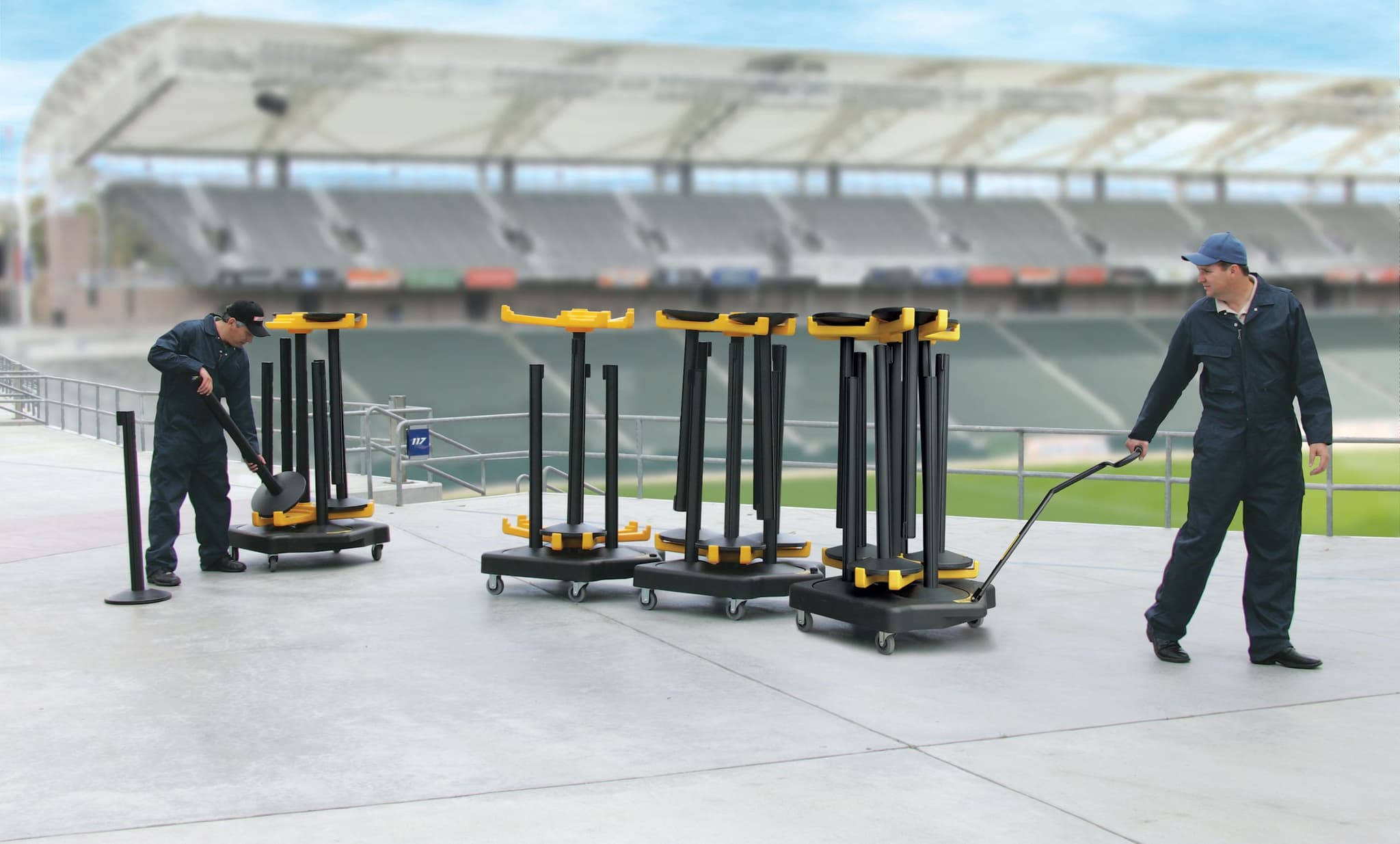 Stanchion transport and storage carts in a stadium