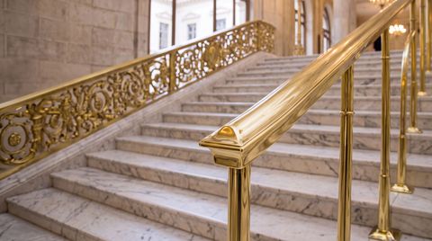 Brass cap handrail on a marble staircase