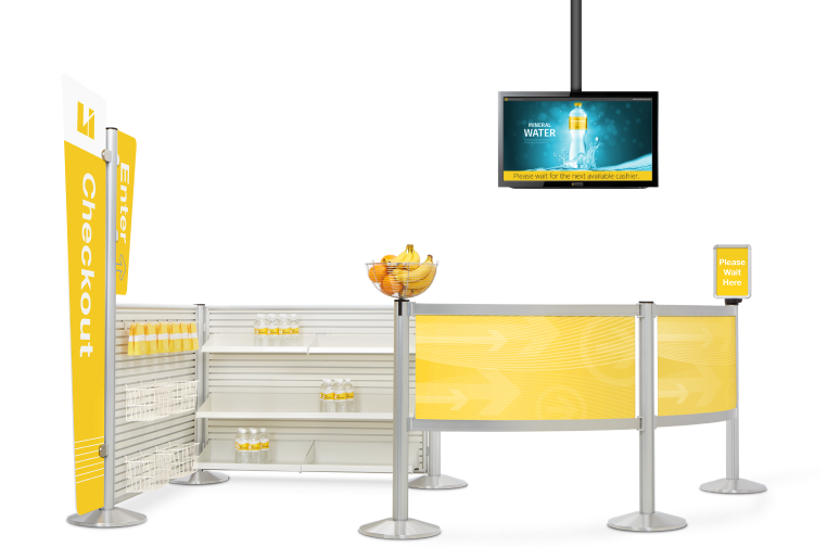 Our Lavi NeXtrac Store fixture, a sleek and efficient queue management solution.