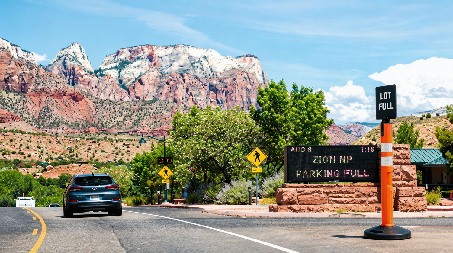 Delineator sign stand blocking entrance to parking area