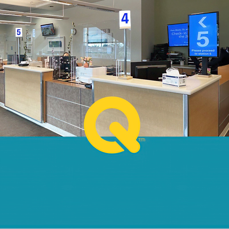 The left side of the image is a blue background, the middle has the Lavi Electronic Queuing System logo, and the right side is of register lights on display at a Kaiser permanente lobby.