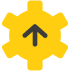 A yellow gear icon with a black upward arrow, symbolizing improvement.