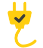 Yellow plug with a checkmark on it, symbolizing a successful connection and completion.