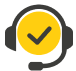A checkmark in the middle of a circle, with a headset over it, representing technical support staff members.