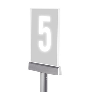 Click to go to product detail page. A close up of the a etched panel station light, with a satin aluminum finish, and the number 5 on it.