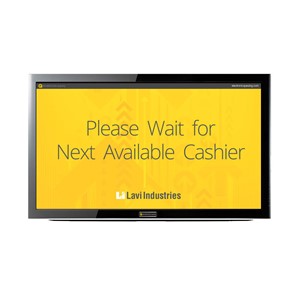 Click to go to product detail page. Our tv monitor showing a digital Lavi branded graphic with the phrase 'Please Wait for Next Available Cashier'.'
