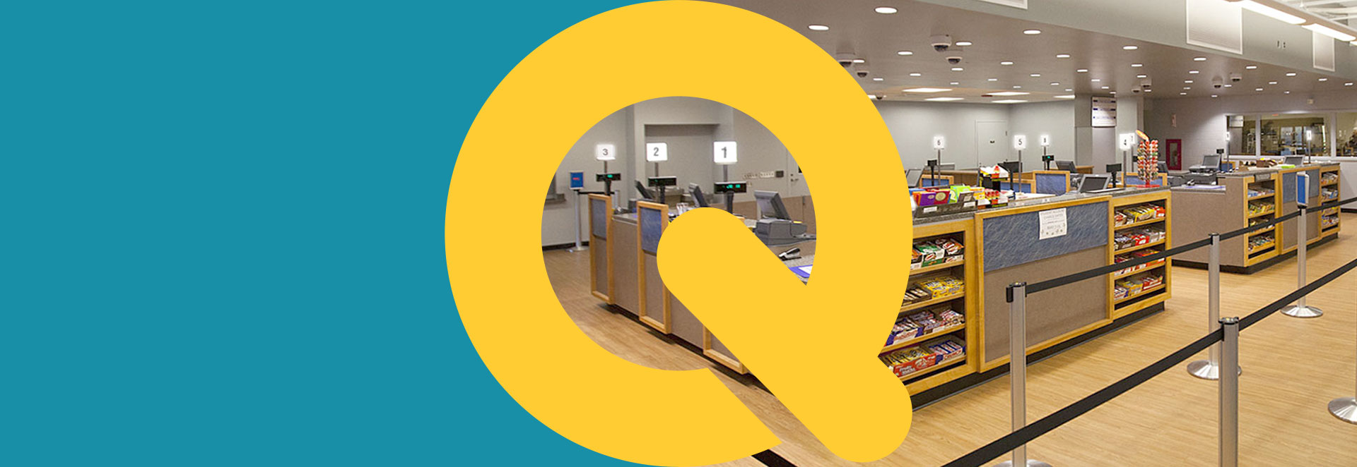Artwork separated by a Q logo, with the left being a blue background and the right having a single line queue with register lights at every register.