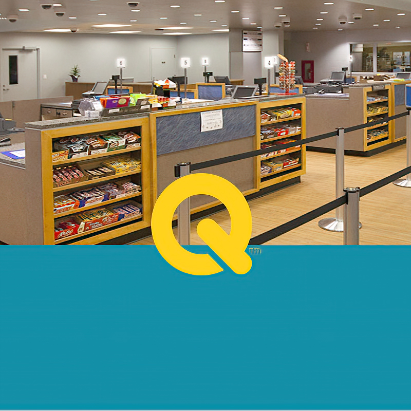 Artwork separated by a Q logo, with the left being a blue background and the right having a single line queue with register lights at every register.